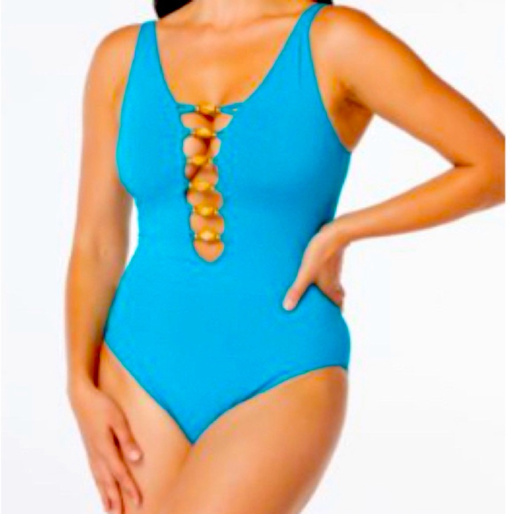 Teal Beaded-Cutout One Piece Swimsuit